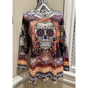 Women’s XL Abstract Floral Rhinestone Skull Embellished Tunic Top Whimsy Artsy